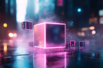 A vibrant 3D illustration of a glowing cube, with smaller cubes orbiting around it in a futuristic environment, symbolizing the potential of creation and expansion