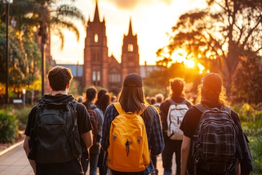 A university campus tour guide walking with a group of prospective students, with the iconic school buildings in the background