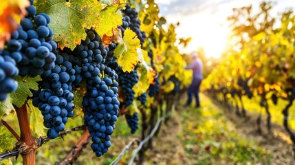 A person harvesting grapes in a vineyard during the late afternoon with soft light filtering through the leaves."
