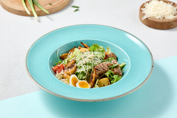 Minimalist Roast Beef Salad with Baked Potatoes and Mushrooms in a Modern Composition