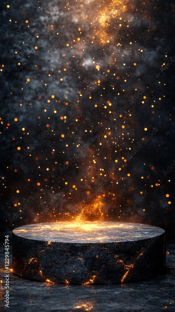 Aufkleber a dark charcoal podium stands illuminated against a backdrop of swirling golden particles, creating 