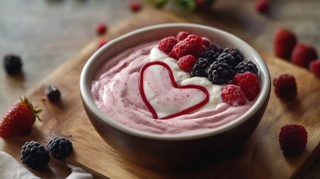 A Valentine-themed smoothie bowl with a heart-shaped swirl of yogurt and fresh berries