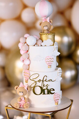 Birthday cake. with topper and teddy