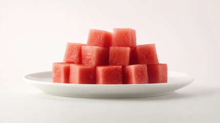 A minimalist plate of freshly cut watermelon cubes, neatly stacked in a simple arrangement on a white ceramic plate, Watermelon centered