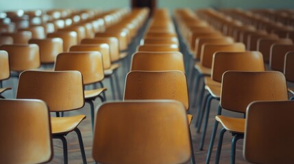 Fototapeta premium Rows of Empty Wooden Chairs in a Large Hall