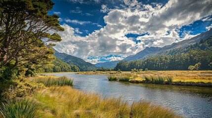 Serene River Landscape in New Zealand's Mountains