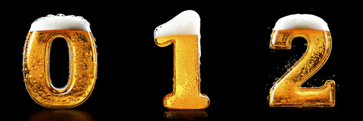 Numbers 0, 1, 2. Beer Alphabet: Chilled Golden Letters on a Black Background