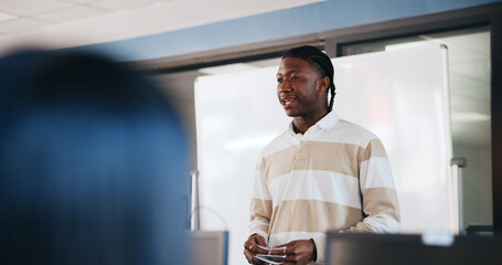 Black man, student and presentation with whiteboard for learning, moderation or education at...