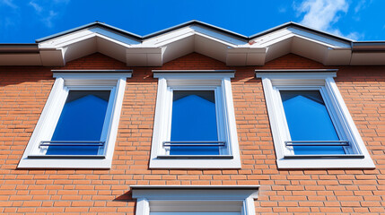 Modern triangular windows on brick building. Suitable for contemporary architecture, urban design and building innovation.