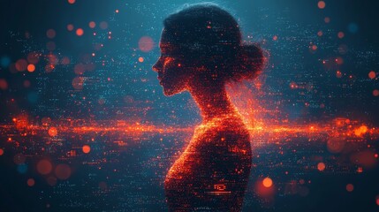 Fototapeta premium A visually striking digital silhouette of a woman against an abstract background filled with glowing particles and shapes
