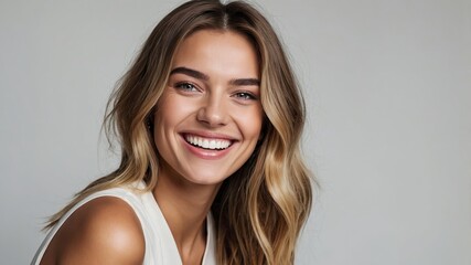 Naklejka premium Radiantly happy young woman with long wavy light brown hair smiles cheerfully in a close-up studio portrait.