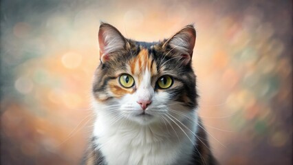 Fototapeta premium Muted colour palette featuring a large calico cat's face in the centre of a abstract background, geometric, pattern, abstract, calico