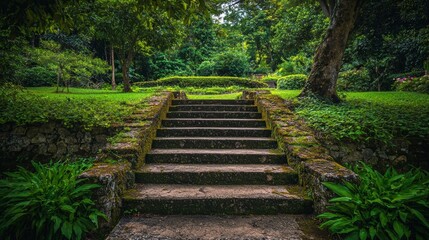 Serene Stone Steps Leading into a Lush Green Garden Paradise