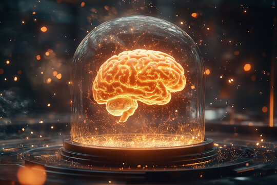 Futuristic digital brain encased in a glowing jar with vibrant particles swirling around in a high-tech environment