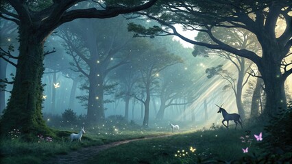 mystical creatures in a mystical forest, magical plants, fantastical beings, enchanted forest, Mystical creatures, nature-inspired art