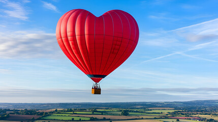 Fototapeta premium Red Heart Shaped Hot Air Balloon Soaring Over Scenic Landscape