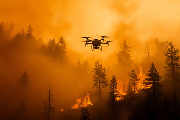 AI firefighting drone actively combating wildfires in a smoke-filled forest during sunset