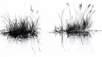 Monochrome Reeds with Reflection in a Still Water Minimalist Black and White Illustration