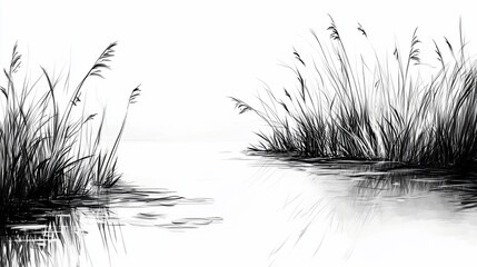 Monochrome reeds swaying gently above water surface in a minimalist landscape sketch