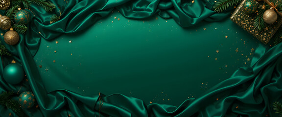 Dark emerald green silk satin. Smooth silky fabric. Luxury background with space for design. Flat lay, top view table. Christmas. Banner. Long. Wide. Panoramic. Template