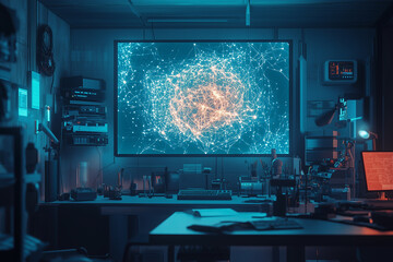 Futuristic AI lab where scientists analyze complex data models through advanced visualization technology in a high-tech environment