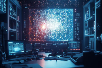 Futuristic AI lab with advanced technology and scientists monitoring data in a high-tech environment