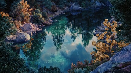 Fototapeta premium Serene mountain pool reflecting autumn trees, tranquil nature scene, ideal for travel brochures