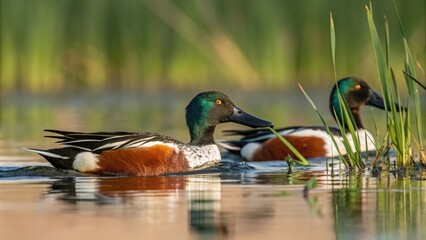 Obraz premium Northern shoveler ducks swim and dive in unison through the lake's vegetation their webbed feet propelling them forward, flock behavior, lake ecology, outdoor photography
