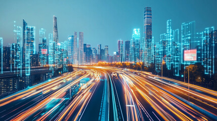Fototapeta premium Futuristic city skyline adorned with digital elements creating a vibrant urban landscape at twilight
