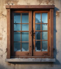 Old window with broken glass and rusty hinges, wood, abandonment
