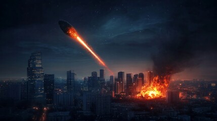 Obraz premium Meteor strike blazing across the night sky towards the city skyline with explosion