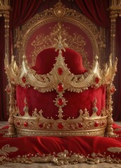Opulent crimson backdrop showcases a resplendent golden crown encrusted with vibrant red precious gems on an ornate golden pillow , jewels, regal, crimson