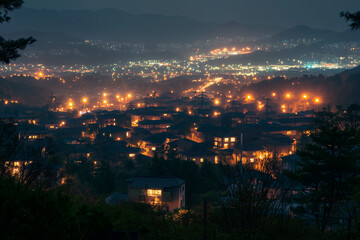 Naklejka premium Glowing nighttime cityscape showcasing AI-managed urban development with vibrant lights and serene surroundings