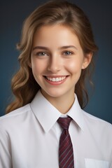 smiling young woman in white shirt and tie with blue background