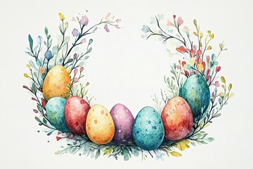 Colorful Easter Eggs Surrounded by Delicate Floral Elements in a Simple Minimalist Design