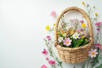 Obraz premium Simple Easter Day Basket with Colorful Flowers and Minimalistic Theme Design