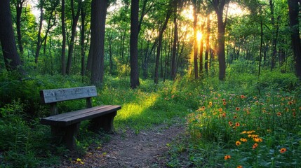 Sunset over a serene forest path tranquil nature scene outdoor environment peaceful viewpoint nature concept