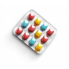 blister pack with transparent pockets showing colorful pills, centered on a white background