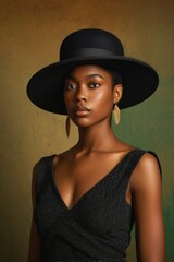 arafed woman in a black hat and dress posing for a picture