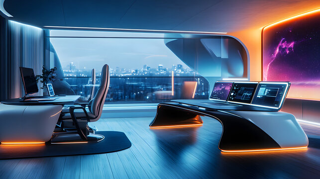 Smart office setup in a futuristic office with voice-controlled lighting, adjustable smart desks, and touchscreen panels integrated into furniture