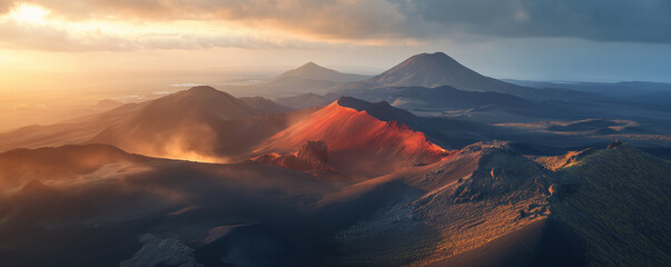 Fototapeta premium Surreal aerial view of volcanic landscape in Lanzarote during golden hour showcasing vibrant colors and dramatic terrain