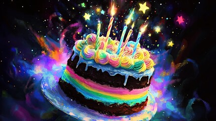 Vibrant and colorful birthday cake with rainbow - hued layers, topped with swirled icing and lit candles, set against a backdrop of starry and sparkly cosmic effects, perfect for birthday theme.