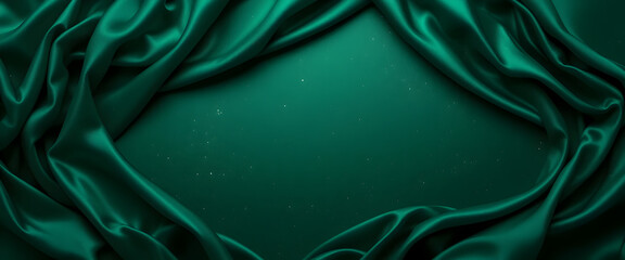 Dark emerald green silk satin. Smooth silky fabric. Luxury background with space for design. Flat lay, top view table. Christmas. Banner. Long. Wide. Panoramic. Template