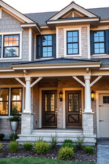 Elegant Brick Home Exterior with Double Doors and Landscaping.  Attractive architectural design, showcasing a charming porch and meticulous landscaping.