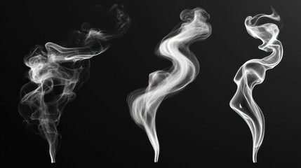 Four abstract white smoke plumes on black.