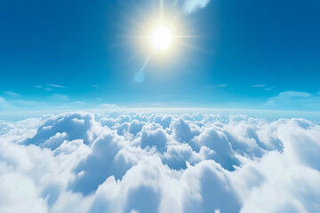 Fototapeta premium A clear blue sky with the sun shining above white clouds. The background is a horizon of endless, fluffy clouds stretching across the screen from left to right.