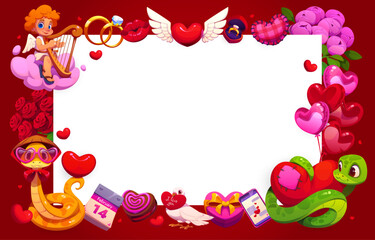 Valentines day holiday frame banner with playful cherub, cute cartoon snake holding heart, gifts, balloons, roses and desserts on red background adorned with festive elements for romantic celebration