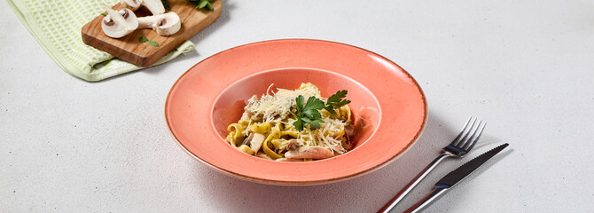 Gourmet Fettuccine with Creamy Mushroom Sauce in Rustic Chic Setting