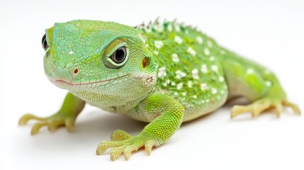 A vivid green lizard with textured skin and bright eyes stands alert on a white background, showcasing its intricate beauty and agility.