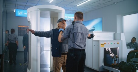 Airport Terminal: Elderly Man Walks Through Metal Detector Gates on Security Checkpoint. Security...